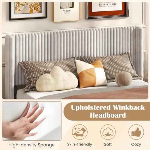 Miniatura 5 de Giantex Base de cama de terciopelo tamaño Queen, plataforma tapizada con cabecera vertical copetuda, base de colchón de soporte de listones
