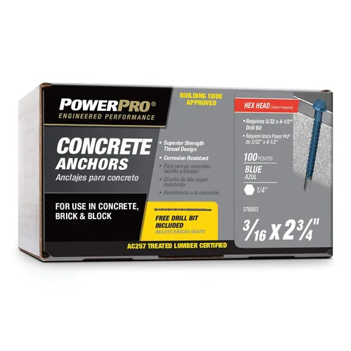 Miniatura 11 de Power Pro Anclajes de tornillo de hormigón con cabeza hexagonal azul (1/4" x 1-3/4") - 100 piezas