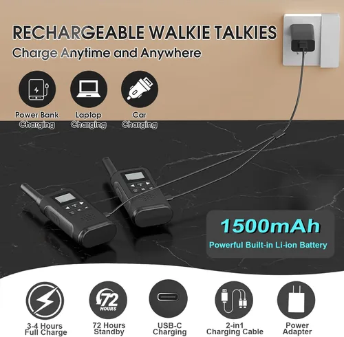 Miniatura 4 de Walkie Talkies para adultos, paquete de 2, walkie talkies recargables de largo alcance, 22 canales FRS, radios de 2 vías con alerta meteorológica