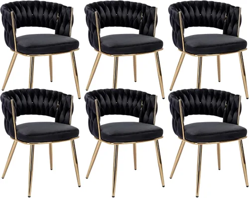 Miniatura 22 de Juego de 2 sillas de comedor tejidas, modernas sillas de comedor tejidas a mano con patas de metal negro, sillas tapizadas con marco negro