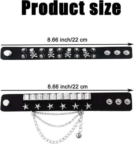 Miniatura 3 de Juego de 2 pulseras de cadena con tachuelas góticas, punk, calavera, estrella, remache, brazalete de los años 80, Emo Goth Punk Rock, accesorios