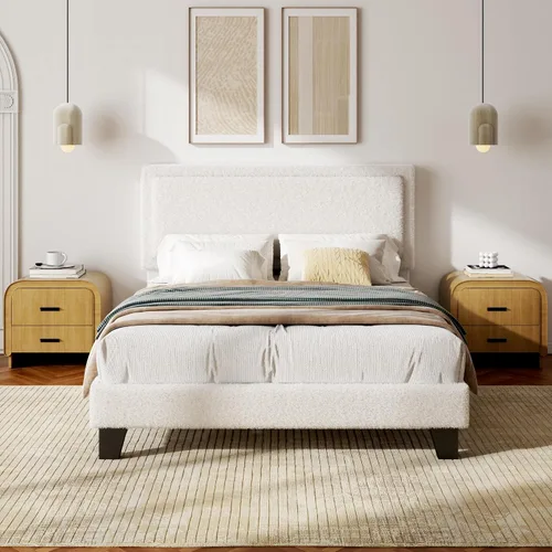Miniatura 3 de Armazón de Cama Tamaño Completo con Cabecera Ajustable, Cama Plataforma Boucle Cloud con Listones de Madera, Base para Colchón, No Necesita Somier