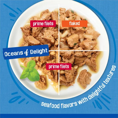 Miniatura 4 de Purina Friskies - Paquete variado de alimentos húmedos para gatos, Oceans of Delight en copos y filetes Prime (paquete de 40), latas de 5.5 onzas