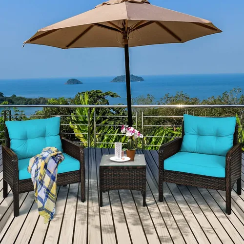 Miniatura 2 de Tangkula Sillas de mimbre de 3 piezas con mesa auxiliar superior de cristal, cojines gruesos, para todo tipo de clima, jardín, césped, piscina