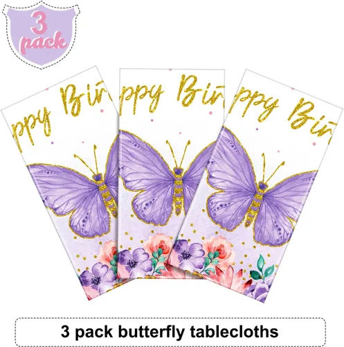 Miniatura 4 de Tegeme Mantel rectangular con diseño de mariposas y feliz cumpleaños, decoración de fiesta de mariposa, mantel de plástico con temática de primavera