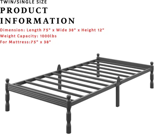 Miniatura 3 de ZIYOO Marco de cama de plataforma de metal de tamaño individual de 12 pulgadas, 1000 libras, resistente, antideslizante, sin ruido, no necesita