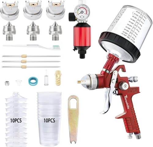 Miniatura 8 de HVLP - Pistola pulverizadora de pintura automotriz, pulverizador de pintura de aire de 0.05/0.06 pulgadas con regulador de aire, 6 coladores