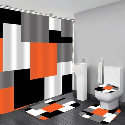 Miniatura 7 de Yizheer Juego de 4 cortinas de ducha de lujo, color negro y dorado, patrón de damasco impermeable, kit de decoración de baño