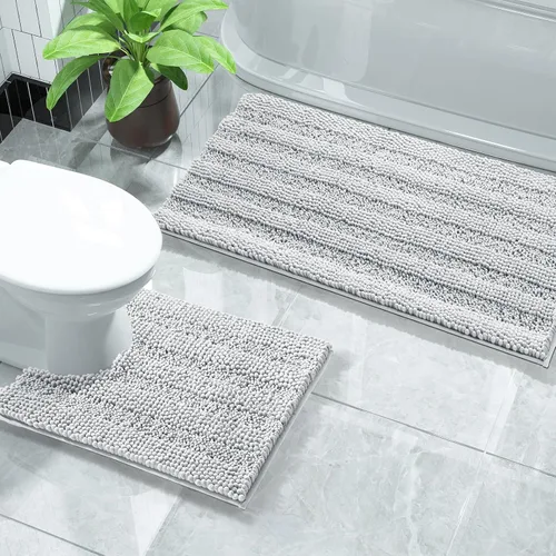 Miniatura 31 de Yimobra Juego de 2 alfombras de baño de felpilla suave y absorbente y alfombra para inodoro en forma de U, antideslizante, lavable a máquina