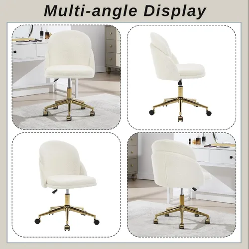 Miniatura 8 de Silla de escritorio de piel sintética, cómoda silla de tocador de maquillaje, moderna silla giratoria tapizada esponjosa con ruedas, base de metal