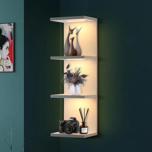 Miniatura 8 de VIWODS Estante de pared de 4 niveles con luces LED, estante flotante para decoración del hogar, estante vertical montado en la pared