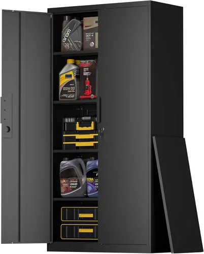 Miniatura 9 de Armario de almacenamiento de metal de 47 pulgadas de alto, gabinetes de almacenamiento de cocina con puertas y estantes, armario de metal blanco
