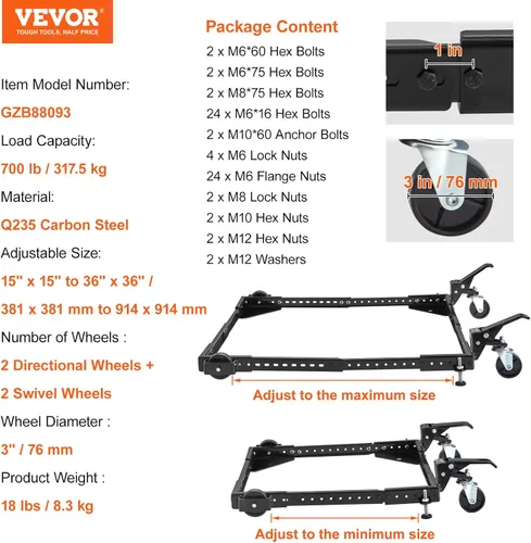 Miniatura 7 de VEVOR Base móvil universal, 700 libras, base móvil ajustable de alta resistencia, base móvil rodante con palancas de bloqueo, utilizada