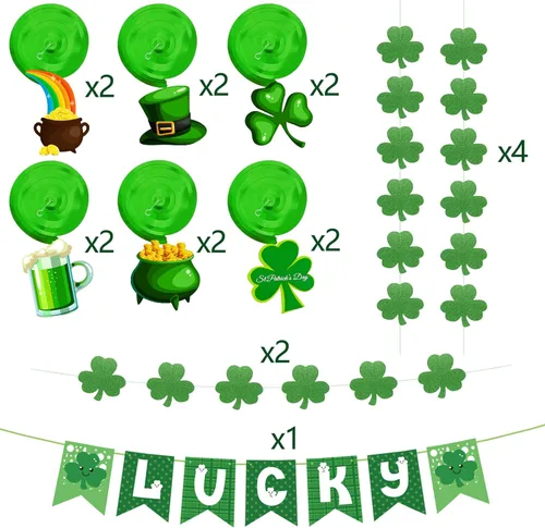 Miniatura 7 de 31 piezas de decoraciones del día de San Patricio, trébol premontado, banderines de la suerte, trébol, remolinos colgantes, decoración irlandesa