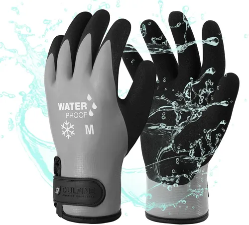 Miniatura 10 de DULFINE Guantes de trabajo 100% impermeables para hombres y mujeres, agarre recubierto de látex de espuma, paquetes múltiples térmicos de invierno