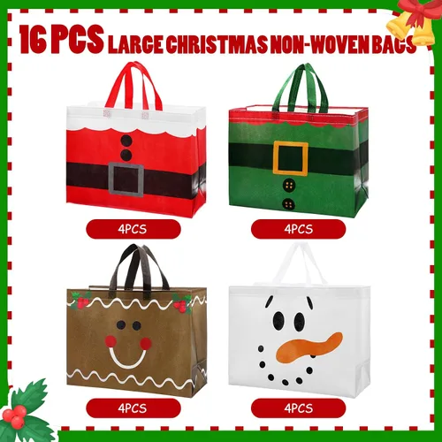 Miniatura 4 de Hosuly 16 piezas 17" Bolsas de regalo grandes de Navidad con asas Bolsas de compras reutilizables Bolsa de compras no tejida reutilizable