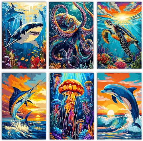 Undewater Worlds Art 6 Packs Paint by Number Kits for Adults Beginners,Shark and Dolphin Acrylic Paint by Number,Sea Turtle,OctopusDIY Oil Paintings