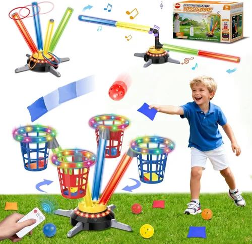 VATOS Juego 3 en 1 de Sacos de Frijoles y Lanzamiento de Anillos, Salto Musical para Niños, Base Giratoria Eléctrica con Control Remoto, Luces, 12