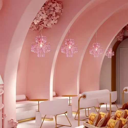 Miniatura 7 de Q&S Mini Lámpara de Araña de Cristal, Lámpara de Araña Rosa Moderna, Pequeña Lámpara Colgante para Habitación de Princesa, Vestidor, Baño, Tienda