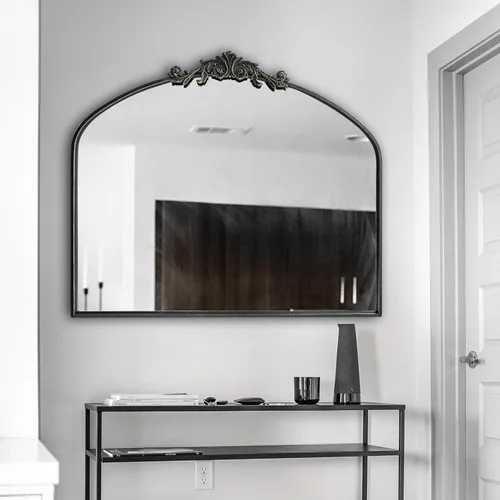OUSHUAI Espejo arqueado negro para pared, decoración de espejo barroco para chimenea, espejo de pared de latón, espejos ornamentados para entrada,