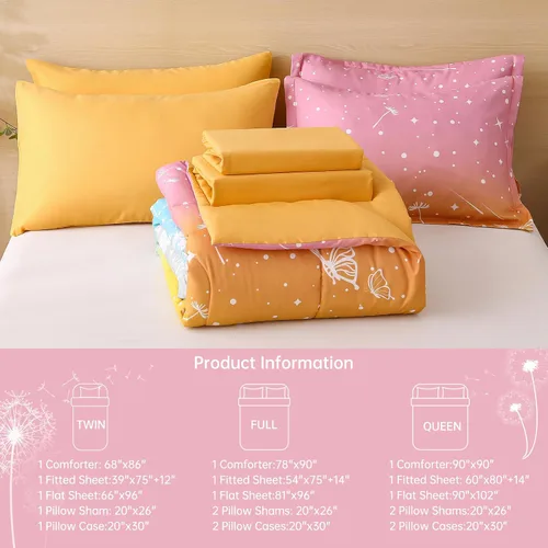 Miniatura 28 de Dinjoy Juego de edredón para niñas, tamaño individual, colorido, azul, rosa, morado, arcoíris, juego de ropa de cama de 6 piezas en una bolsa