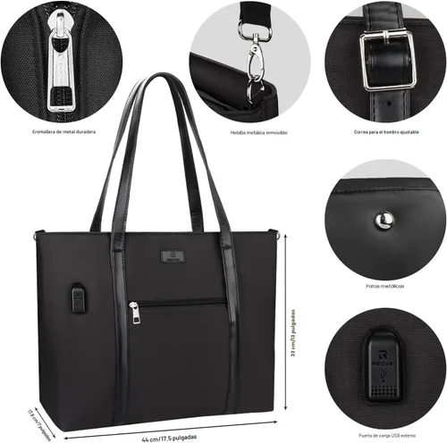 Miniatura 5 de Bolsa de mano para laptop de 15.6 pulgadas, maletín tipo bolsa de tamaño grande con puerto USB para mujer 01-Negro