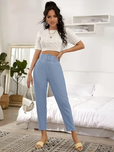 Miniatura 5 de MakeMeChic Pantalones cónicos de cintura alta con cinturón y bolsillos para mujer