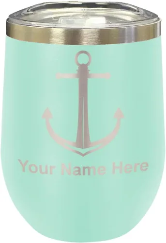 Miniatura 28 de LaserGram Vaso de vino de acero inoxidable de doble pared, ancla de barco, grabado personalizado incluido (negro)