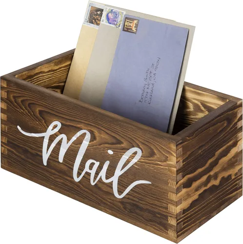 MyGift Caja organizadora de almacenamiento para correo, madera marrón rústica con diseño de escritura de correo, cartas de escritorio, billetes,