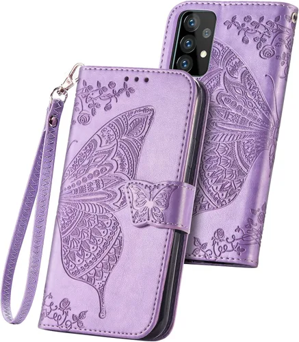 Funda tipo cartera para Galaxy A52 4G/5G, piel sintética, con tapa, con correa para la muñeca, ranuras para tarjetas de crédito, bolsillo en Lavanda