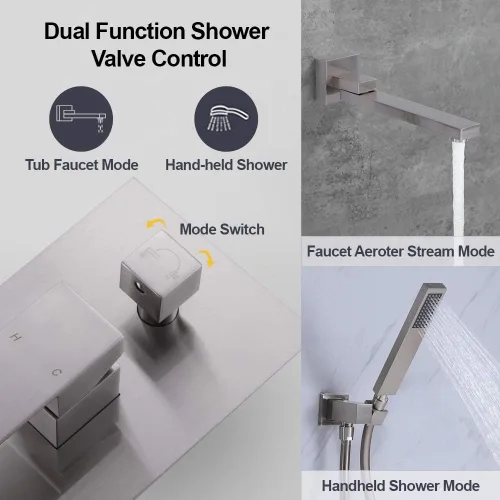 Miniatura 4 de Grifo de bañera montado en la pared con ducha de mano, grifo de ducha de baño de latón macizo de níquel cepillado con boquilla de agua giratoria