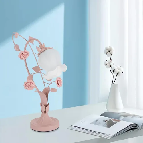 Miniatura 9 de Lámpara de mesa de vidrio esmerilado con flores, lámpara de mesa auxiliar con cable enchufable, mesita de noche, lámpara decorativa de noche