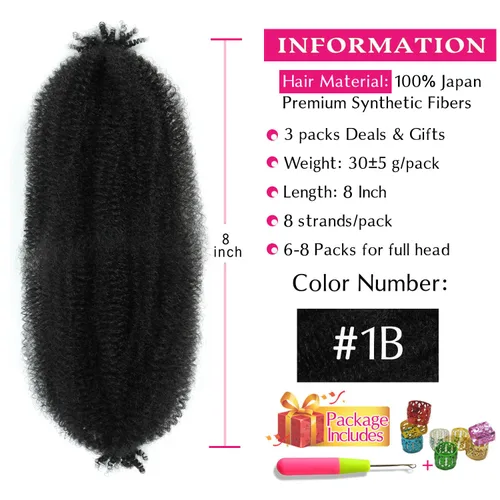 Cabello trenzado estilo afro de 8 pulgadas de Marley Twist, 3 paquetes, cabello afro y trenzado de resorte preesponjado, cabello trenzado de resorte
