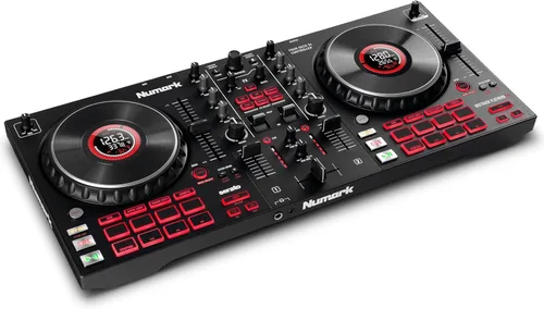Numark Mixtrack Platinum FX Controlador para DJ, para Serato DJ, con control de 4 cubiertas, mezclador, interfaz de audio incorporada, rueda con
