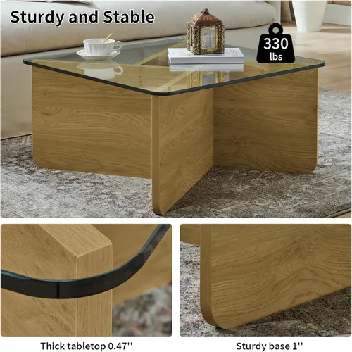 Miniatura 5 de LKTART Mesa de café de vidrio de 31.5", mesa de café cuadrada de MDF estilo Mid-Century Modern con tapa de vidrio templado, mesas centrales
