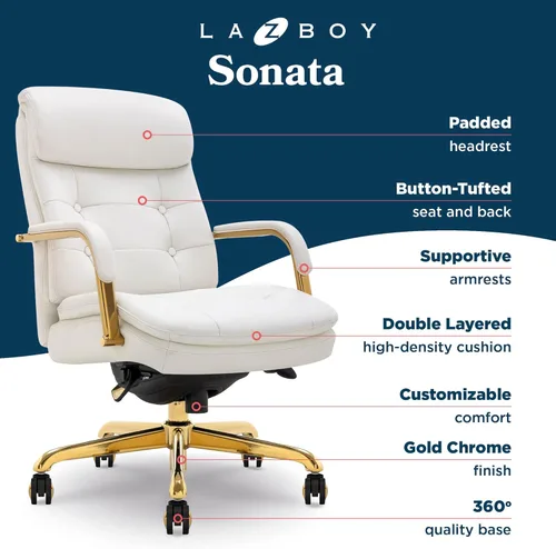 Miniatura 3 de La-Z-Boy Sonata - Silla ejecutiva giratoria ergonómica de cuero regenerado, color blanco y dorado (CCHR10014A)