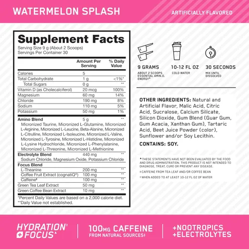 Miniatura 2 de Optimum Nutrition Amino Energy Plus Electrolytes - Bebida energética con aminoácidos y electrolitos para hidratación, sin azúcar, con BCAA, sabor