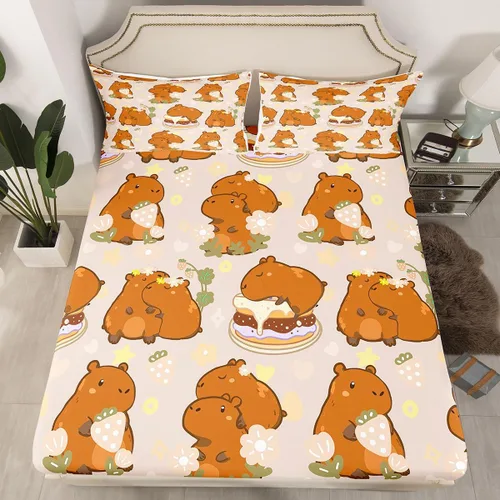 Miniatura 15 de Capybara - Sábana bajera ajustable tamaño individual, sábanas florales kawaii, diseño de animales rosados, dibujos animados, vida silvestre, roedor