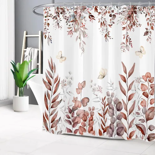 Miniatura 2 de LB Cortina de ducha de hojas de otoño, cortina de baño de hojas de eucalipto y mariposas, cortina de baño de plantas de otoño con gancho, 72 x 72