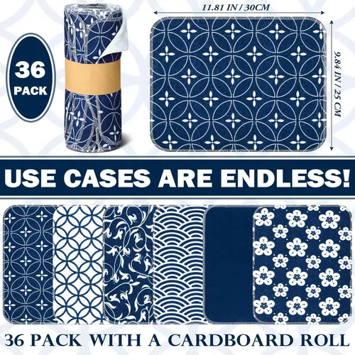 Miniatura 5 de Paquete de 36 paños de cocina japoneses reutilizables, trapos de limpieza lavables de algodón para el hogar (Azul)