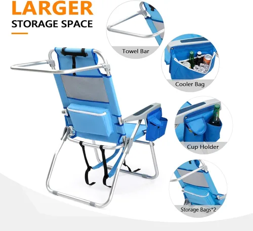 Miniatura 5 de VINGLI Silla de Playa Alta Paquete de 2 Ligera, Silla de Playa Tipo Mochila para Adultos con 5 Posiciones, Bolsa Refrigeradora, Portavasos, Barra