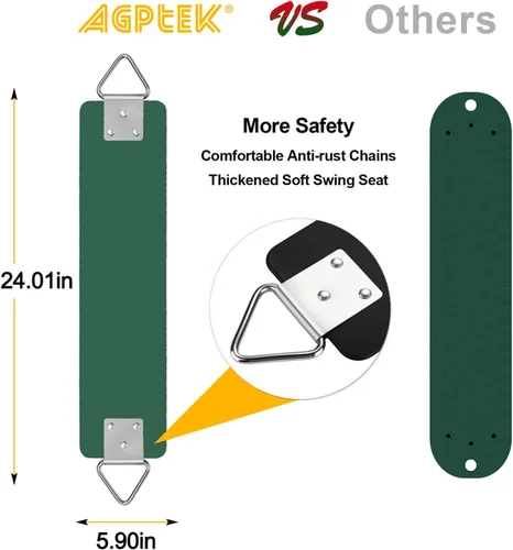 Miniatura 8 de Asiento de columpio AGPTEK, columpio de jardín de 30 x 6 x 0.27 pulgadas para niños y adultos con anillo de triángulo de metal - Verde