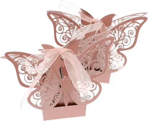 Miniatura 9 de Auto-plaza 50 cajas de regalo de mariposa cortadas con láser, cajas de dulces con cintas (beige)
