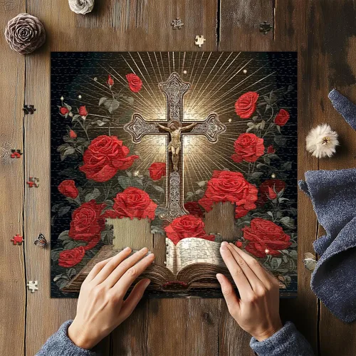 Miniatura 5 de Rompecabezas religioso cristiano para adultos de 1000 piezas, rompecabezas de Jesús de la Biblia católica, rompecabezas de flores de rosa roja