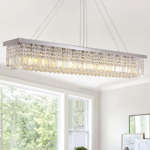 Miniatura 24 de Candelabros Modernos de Cristal para Lámpara de Comedor, Candelabro de Techo Rectangular Dorado de 6 Luces para Isla de Cocina y Sala de Estar