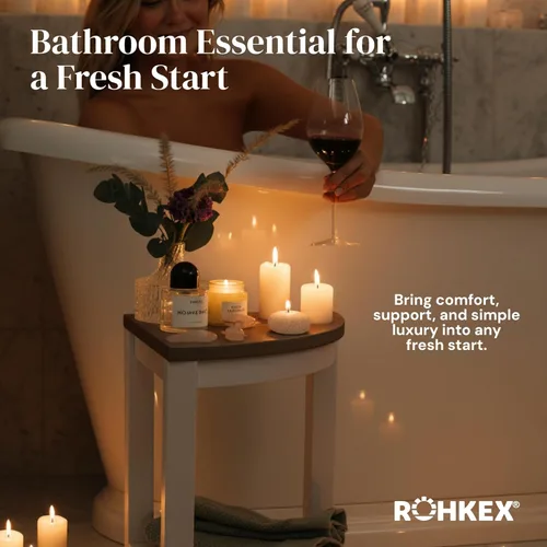 Miniatura 8 de ROHKEX Taburete de ducha esquinero impermeable, paquete de 1, blanco y marrón, taburete de afeitar estable para piernas, asiento de banco de ducha