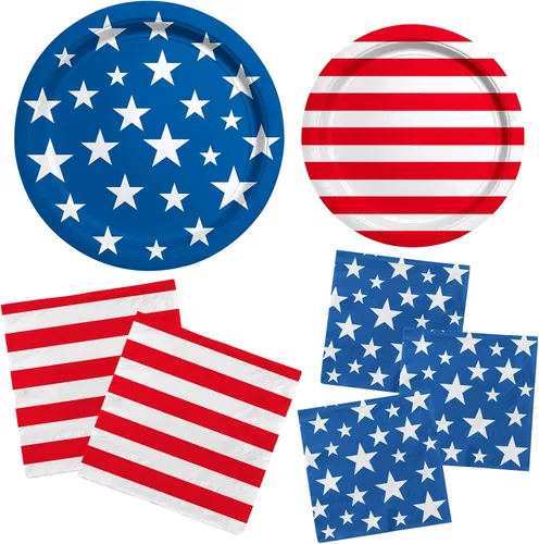 Miniatura 3 de Suministros de fiesta patriótica de bandera estadounidense, platos de papel desechables para cenas, platos de papel para postres, servilletas