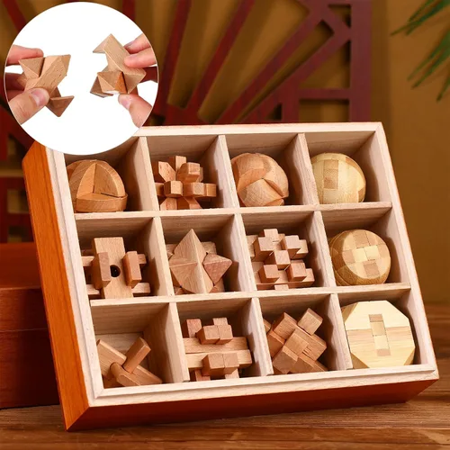 Miniatura 6 de Juego de 12 rompecabezas de madera para el cerebro, juegos educativos 3D rompecabezas de madera, rompecabezas de lógica IQ desafiantes para adultos