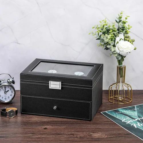 Miniatura 3 de BASTUO Caja de reloj 20 relojes organizador de exhibición de cuero de fibra de carbono de lujo, caja de colección de joyas para hombres y mujeres