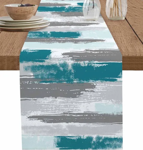 Miniatura 23 de Zigzi - Bufandas de mesa azules, textura de mármol a rayas grises de Zigzi, camino de mesa de comedor, decoración de mesa rectangular lavable